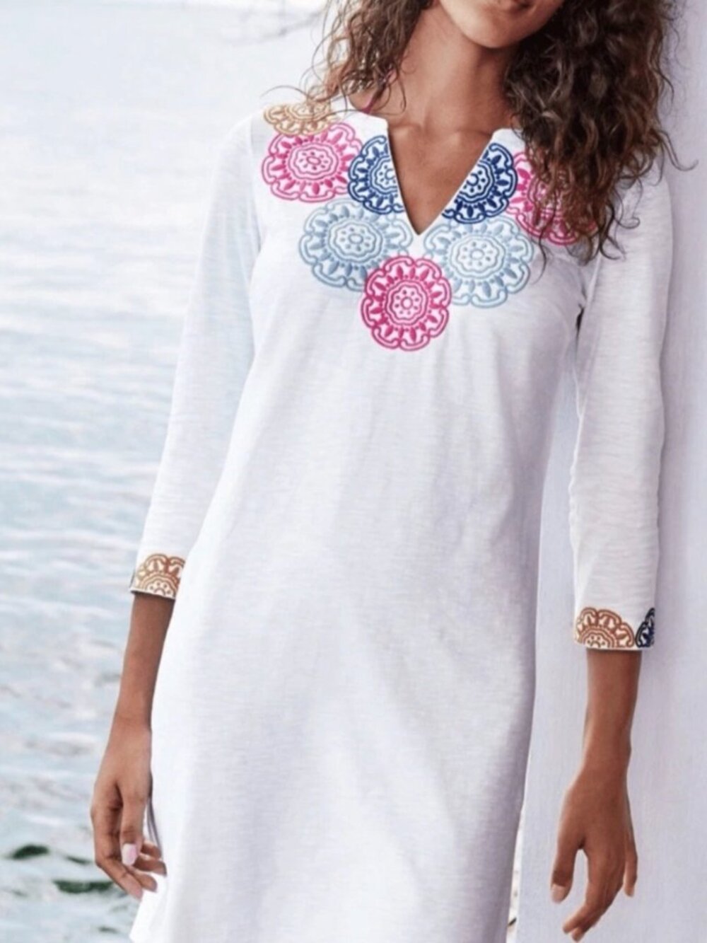 Preowned Boden White Eda Embroidered Cotton Jersey Tuni Min Dress. Size 6